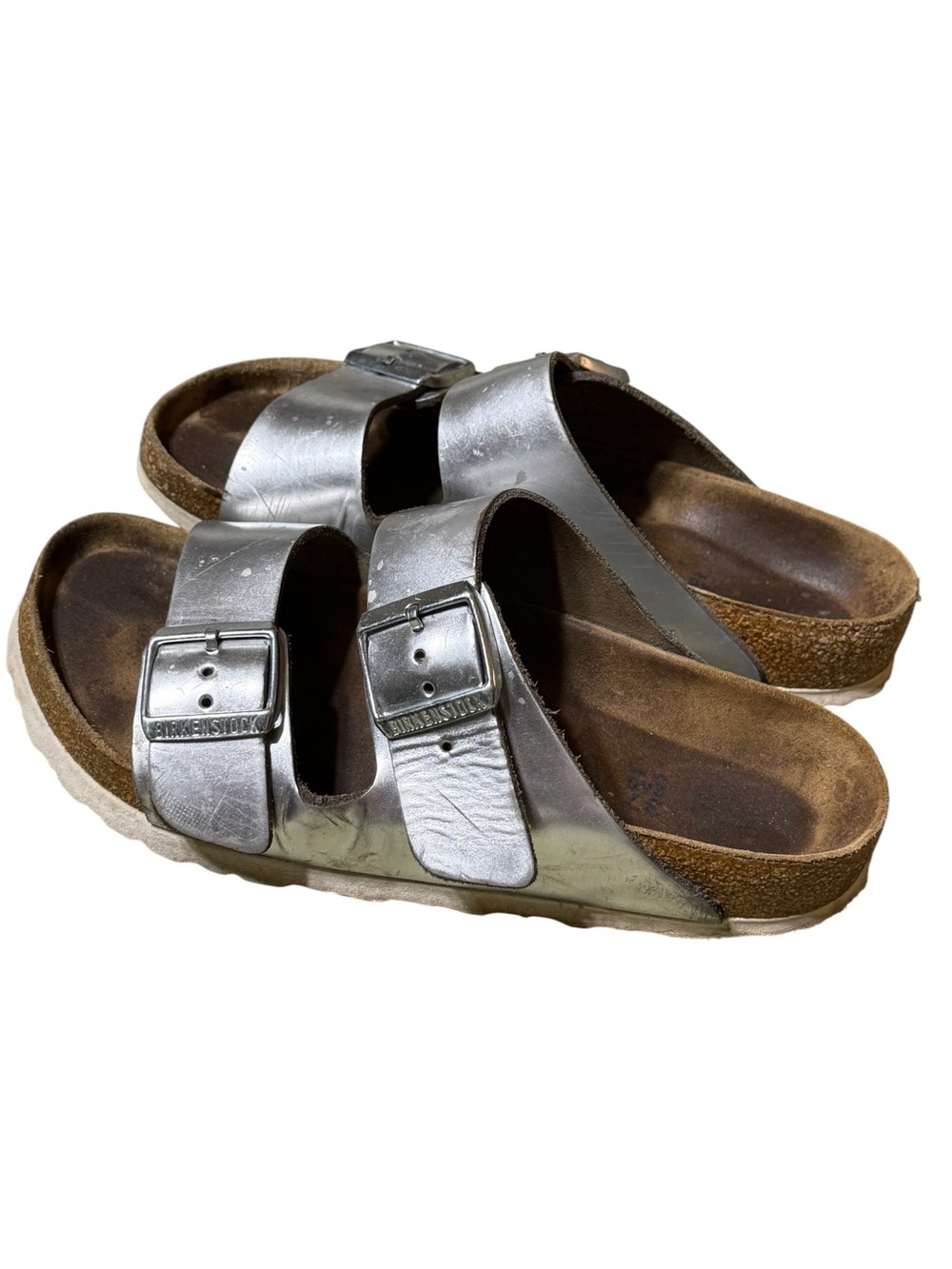 Birkenstock Arizona Silver Metallic Leather Double Strap Sandals Women 37